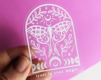Luna Moth White Clear Sticker "Trust in your magic" Clear Laptop Water Bottle Sticker Celestial Moon & Stars Moth Witchy Stickers
