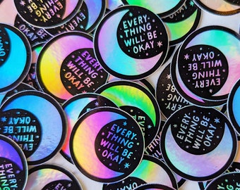 NEW Mini 1.25 Holographic Moon Stickers everything Will Be Ok Cute Mental  Health Water Bottle Stickers, Waterproof Laptop Stickers 