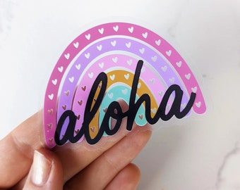 CLEAR Rainbow Hearts Aloha Sticker for Car, Laptop, Water Bottle • Clear Vinyl Aesthetic Rainbow Sticker, Hawaii Vinyl Bumper Stickers