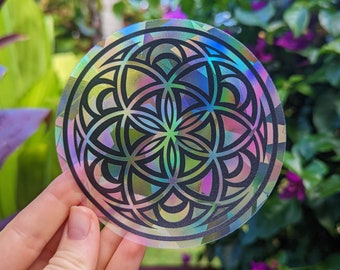 Sacred Geometry Rainbow Suncatcher Sticker • Seed of Life Moon Sun Catcher Sticker, Rainbow Maker Sticker for Window