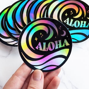 Aloha Ocean Waves Sticker: Rainbow Holographic Vinyl, Waterproof