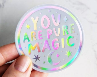 NEW! "You are Pure Magic" Rainbow Holographic Moon & Stars Sticker Vinyl Sticker for Laptop, Water Bottle, White Holographic Sticker