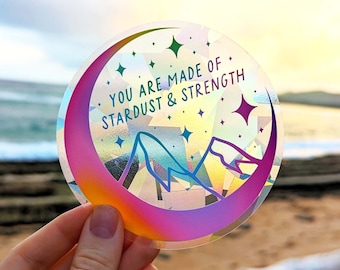 NEW! "Stardust & Strength"  Mountains + Moon Sun Catcher Sticker, Rainbow Prism Window Cling Suncatcher in Black, White, or Rainbow Gradient