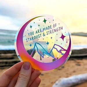 NEW! "Stardust & Strength"  Mountains + Moon Sun Catcher Sticker, Rainbow Prism Window Cling Suncatcher in Black, White, or Rainbow Gradient