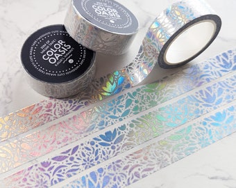 Holographic Floral Plant Washi Tape, Floral Pattern Washi Tape, Artistic Washi Tape, White Holographic Aesthetic Washi Tape