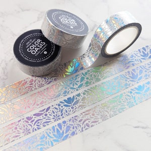 Holographic Floral Plant Washi Tape, Floral Pattern Washi Tape, Artistic Washi Tape, White Holographic Aesthetic Washi Tape