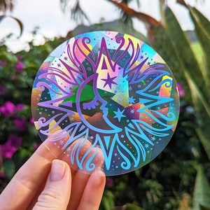 Celestial Sun & Moon Suncatcher: Rainbow Window Decal (4x4&quot;)