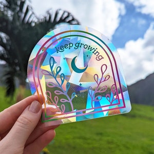 KEEP GROWING Prism Suncatcher Sticker Rainbow Maker Window Sticker, Plants + Moon Rainbow Aesthetic Sticker, Removable Renter-Friendly Decal