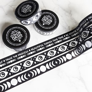 Gentle Reminders Moon + Stars Celestial Washi Tape Collection in Black & White, Mental Health Stationery Supplies for Journaling + More