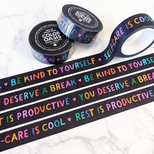 Gentle Reminders Colorful Rainbow Washi Tape for Planners, Journaling Tape, Mental Health Black/Pink Washi Tape, Encouraging Stationery