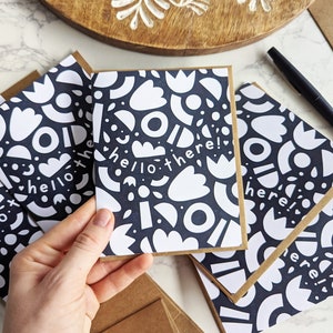 100% Recycled Greeting Cards Eco-Friendly "hello there" Cute Everyday Card, Black & White Modern Abstract Cards for Friends + Loved Ones