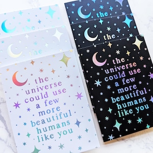 Holographic Moon & Stars Greeting Card: Celestial Galaxy Design