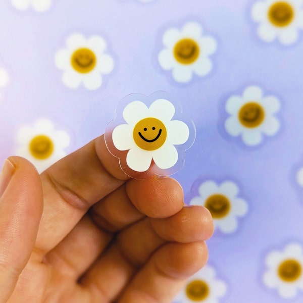 Cute Happy Daisy Stickers 1" Small Flower Smiling Daisy Stickers to Decorate your phone, water bottle, laptop CLEAR Vinyl Daisy Sticker Pack