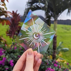 Moon, Stars & Sun Rainbow Suncatcher Sticker Diamond Shaped White Celestial Aesthetic Suncatcher Decals 5.5" x 4.3"