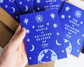 Eco-Friendly Cards "The world is brighter..." Colorful Moon & Stars Cards for Friends + Loved Ones, Original Artwork by Color Oasis Hawaii