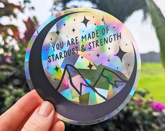 Moon Rainbow Suncatcher Sticker "You are made of stardust & strength" Rainbow Maker Window Prisms Decal Mountains + Moon Sun Catcher Sticker