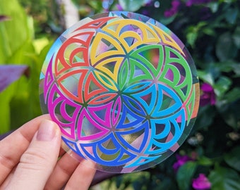 Rainbow Seed of Life Moon Suncatcher Sticker Mandala Suncatcher, Rainbow Sacred Geometry Gift Colorful Sun Catcher Stickers Window