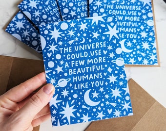 Eco-Friendly Cards "The universe could use a few more beautiful humans like you" Moon & Stars Blue Night Sky Cards for Friends + Loved Ones