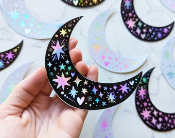 Holographic Moon & Stars Sticker Holo Celestial Night Sky Crescent Moon Sticker Vinyl Waterproof Moon Sticker for Laptop, Water Bottle