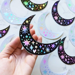 Holographic Moon & Stars Sticker Holo Celestial Night Sky Crescent Moon Sticker Vinyl Waterproof Moon Sticker for Laptop, Water Bottle