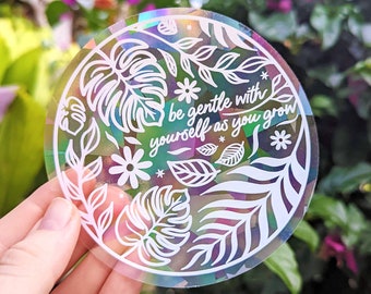 NEW "Be gentle with yourself as you grow" Monstera Suncatcher Sticker Rainbow Suncatcher Sticker for Window WHITE Plants Rainbow Maker Decal