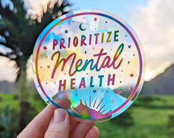 Prioritize Mental Health Rainbow Suncatcher Sticker • Sun Catcher Sticker Sun, Moon & Star Celestial Aesthetic Sun Catcher Sticker