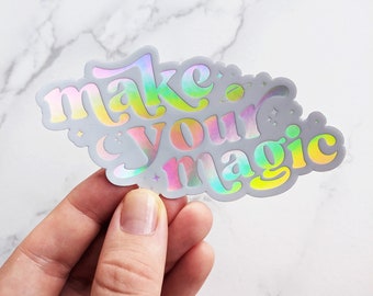 Make Your Magic Waterproof Vinyl Aesthetic Holographic Sticker for Laptop, Celestial Stars & Moon Holographic Sticker, Creativity Sticker