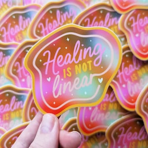 Healing is not Linear Colorful Rainbow Healing Sticker Mental Health Rainbow Aesthetic Sticker Laptop Mirror Water Bottle Vinyl Sticker image 1