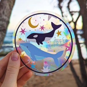 Be Free :) Cute Little Celestial Orca & Blue Whale Suncatcher Sun Catcher Rainbow  Sticker Prism Removable Window Cling Color Oasis Hawaii