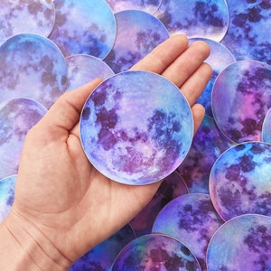 Holographic Moon Sticker Holo Full Moon Sticker Vinyl Watercolor Moon Sticker for Laptop, Car, Waterbottle Aesthetic Moon Sticker 3"