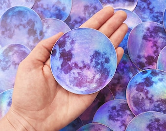 Holographic Moon Sticker Holo Full Moon Sticker Vinyl Watercolor Moon Sticker for Laptop, Car, Waterbottle Aesthetic Moon Sticker 3"