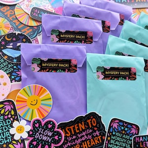 10 Stickers MYSTERY PACKS Grab Bags of Our Matte Colorful & Clear Stickers, Cute Uplifting  Surprise Sticker Pack of 10 :) WATERPROOF!