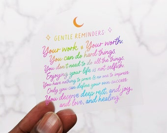 Gentle Reminders Clear Sticker Mental Health, Self-Love Sticker Clear Rainbow Aesthetic Sticker for Laptop Mirror Water Bottle, Waterproof