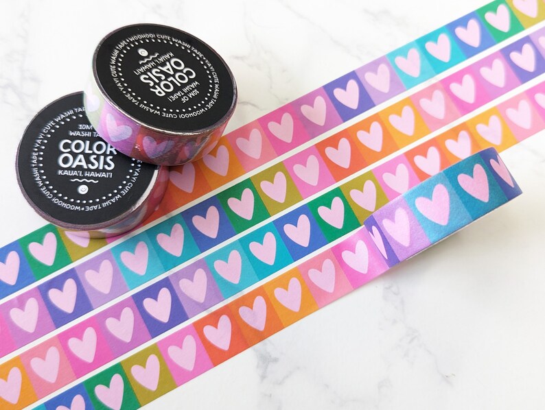 NEW Cute Little Rainbow Hearts Washi Tape for Envelopes, Gifts, Crafts, & Journals, Happy Love Colorful Washi Tape by Color Oasis Stripe Rainbow Heart