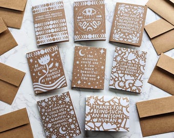 CLEARANCE! 8 Card Variety Pack Celestial Moon & Stars Art Greeting Cards: Eco-Friendly Kraft Paper, White Ink Recycled Paper Cards