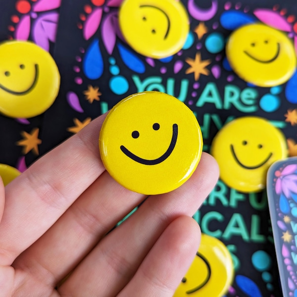 NEW! Cute Little Smile Button Pins, 1.25" Yellow Happy Button Pin Badges for Backpack, Jacket, etc • Great for party favors & little gifts!