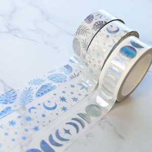 Moon Phases Moon & Stars Rainbow Holographic Foil White Washi Tape, Cute Moon Washi Tape Roll, Moon Celestial Washi Tape