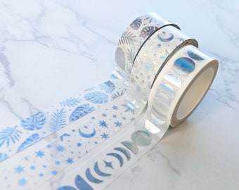 Moon Phases Moon & Stars Rainbow Holographic Foil White Washi Tape, Cute Moon Washi Tape Roll, Moon Celestial Washi Tape