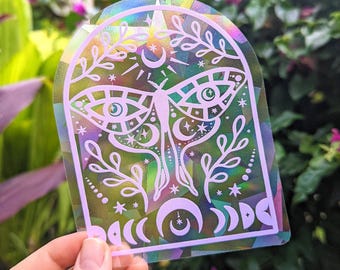 LAST CHANCE! Purple Luna Moth Suncatcher Sticker: Celestial Rainbow Maker Sun Catcher Moon Phases Nature Art Window Decal 4" x 5"