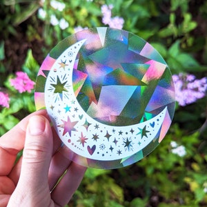 Moon Suncatcher Sticker: Rainbow Prism Window Cling, Celestial Decor (4&quot; x 4&quot;)