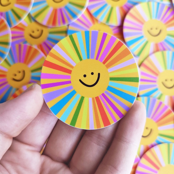 Happy Little Sun Sticker, Cute Rainbow Smiling Sun Sticker 2", Colorful Vinyl Stickers for Phone, Laptop, Water Bottle