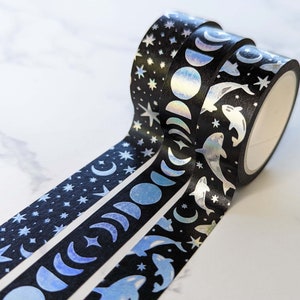 Stars & Moons Washi Tapes, Moons and Stars, Orcas Washi Tapes Cute Planner Tape, Moon Tape for Journaling, Black Holographic Celestial Washi