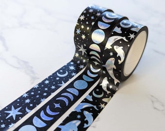 Stars & Moons Washi Tapes, Moons and Stars, Orcas Washi Tapes Cute Planner Tape, Moon Tape for Journaling, Black Holographic Celestial Washi