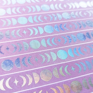 Moon Phase Rainbow Holographic Foil Washi Tape, Cute Moon Phase Washi Tape Roll, Illustrated Washi by Color Oasis Hawaii :)