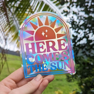 Here Comes the Sun Rainbow Suncatcher Sticker: Colorful Window Decal (4&quot; x 5&quot;)