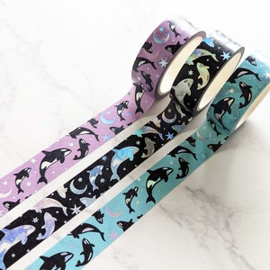 Celestial Orcas Washi Tape, Cute Orcas, Moons & Stars Washi Tape for Journaling, Cute Orca Planner Tape, Rainbow Holographic Washi Tape