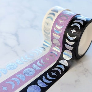 Moon Phase Rainbow Holographic Washi Tape White, Black, Purple Washi Tapes, Cute Moon Phase Washi Tape Roll, Moon Tape for Journaling