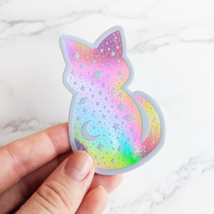 Waterproof Celestial Cat Vinyl Sticker Holographic Cat Sticker, Moon & Stars Cat Sticker for Water Bottle, Cat Bumper Sticker