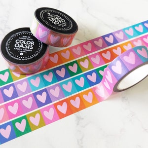 Cute Pink Hearts + Rainbow Stripes Washi Tape for Envelopes, Gifts, Crafts, & Journals, Happy Cute Colorful Washi Tape by Color Oasis