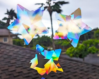 NEW! Prismatic Rainbow Suncatcher Stickers 3" Stars Rainbow Makers Removable Window Clings Light Catching Star Decals, Pack of 3